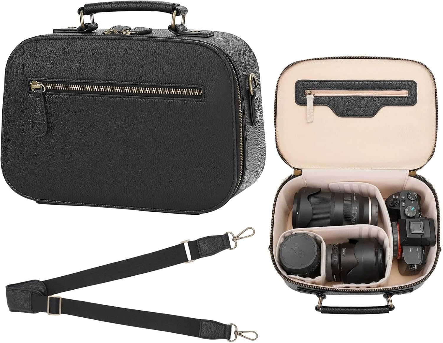 Camera Sling Bag, Waterproof PU Leather Crossbody Camere Bag for Photographers, Small Shockproof Case with Removable Dividers for DSLR/SLR/Mirrorless, 4L Black