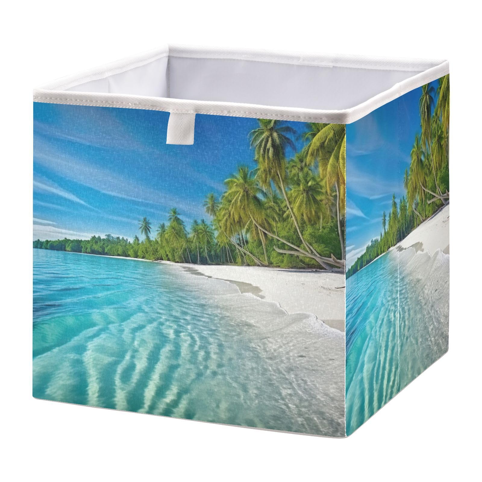xigua Beach Scene Storage Cubes 11x11 Inch Foldable Fabric Bins with Handle for Storage and Organization, Ideal Storage Bins for Closet Shelves
