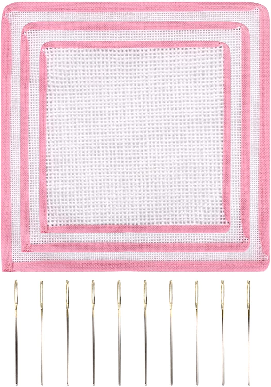 NQEUEPN 3pcs Pink Bound Needlepoint Blank Canvas 18 Mesh & 10 Blunt Needles