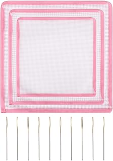 NQEUEPN 3pcs Pink Bound Needlepoint Blank Canvas 18 Mesh & 10 Blunt Needles | 5''/6''/8'' Square Cotton Needlepoint Canvas, Non-Woven Non-Fray Bound & Size 24 Needle for Embroidery Cross Stitch DIY Craft