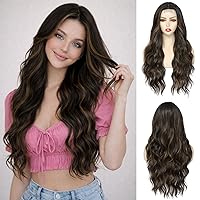Vista 10 de NAYOO Peluca negra de 26 pulgadas de largo para mujer, peluca sintética ondulada natural con parte media, resistente al calor, peluca de cabello