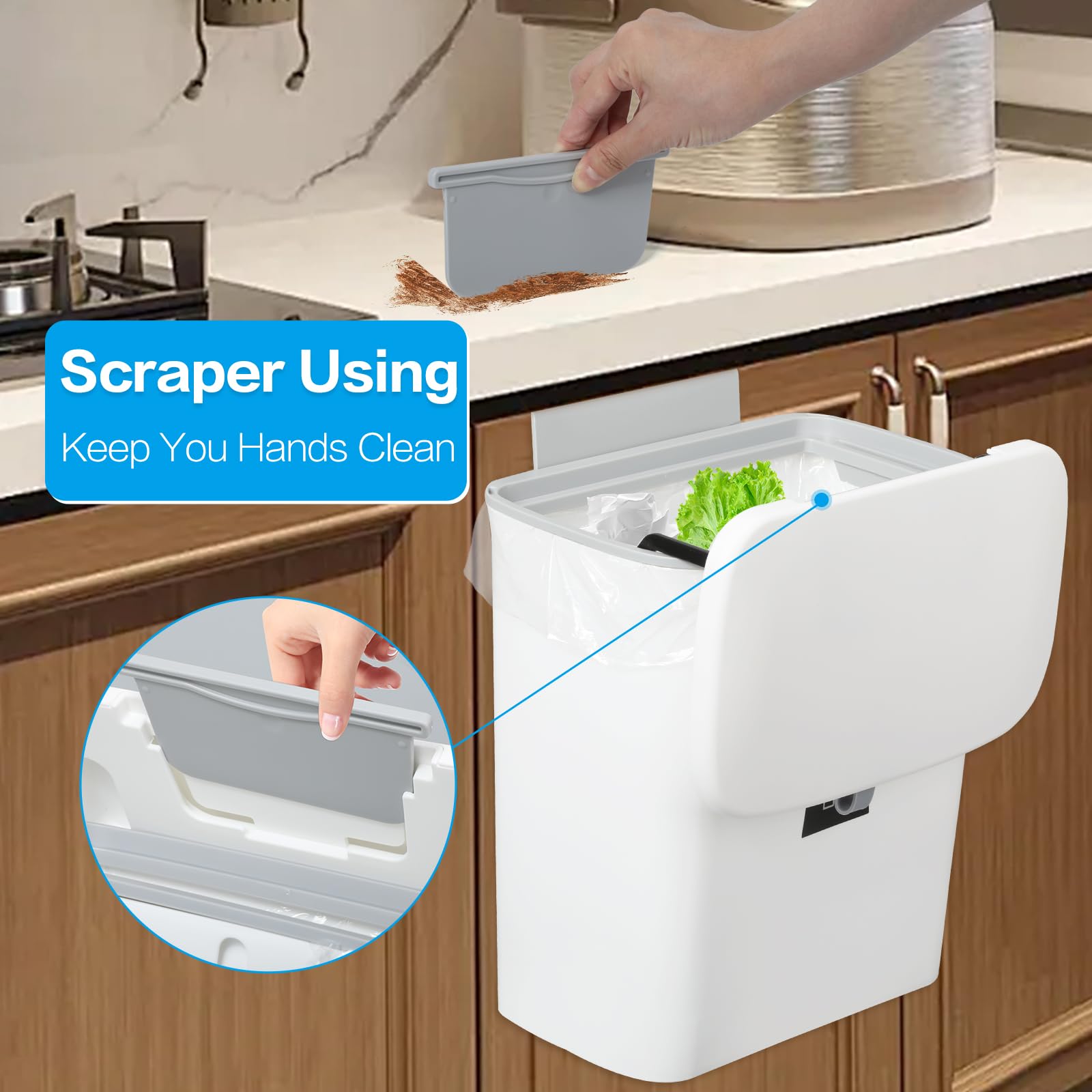 Pattumiera per compostaggio da cucina da 9L per bidone della spazzatura da 2,4 G per sotto il lavandino, secchio per compost interno(bianco)