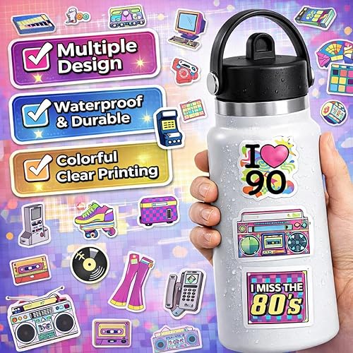 Miniatura 2 de DETICKERS Calcomanías de los años 80 y 90 para botellas de agua, decoraciones de fiesta de los años 90, 70 unidades, vinilo impermeable, regalos