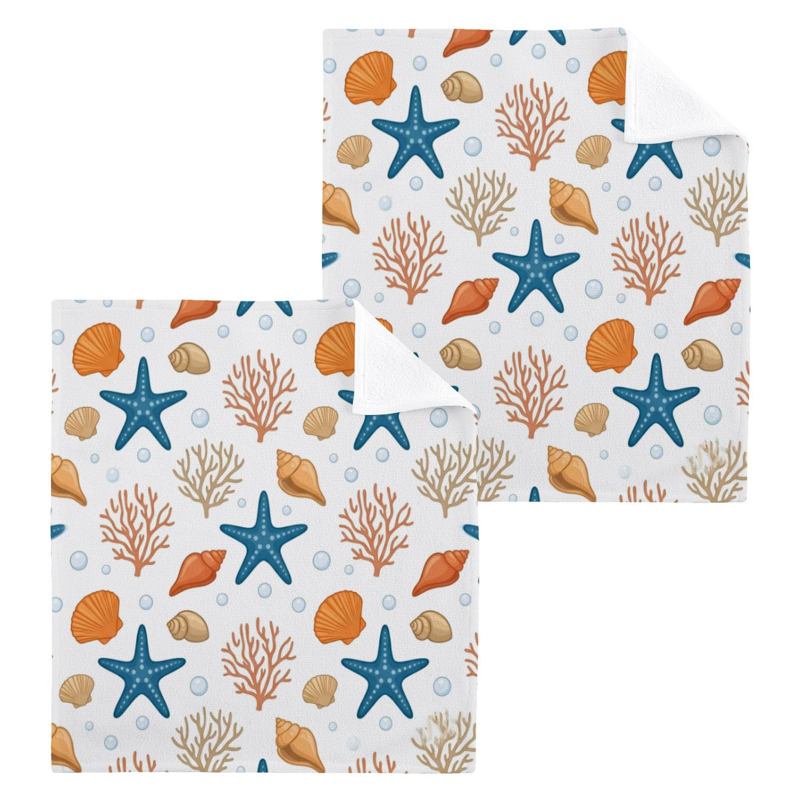 BOESI Nautical Coral Starfish 12x12in Cotton Washcloth,Face Towel