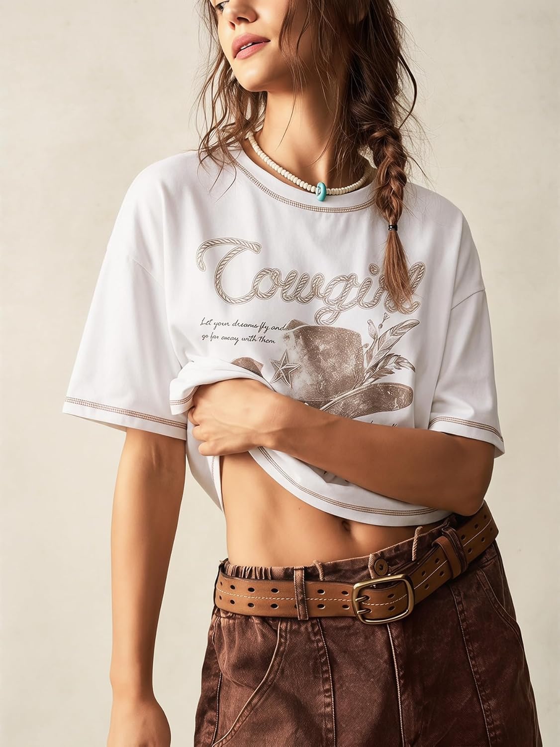 BEAUDRM Women's Graphic Boho Short Sleeve Tee Tops Crewneck Loose Fit T Shirts Streetwear