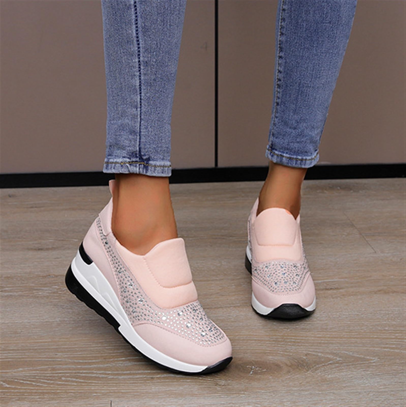 Donna Strass Zeppa Scarpe da Ginnastica Altezza Nascosta Aumento di Altezza Top Alto Punta Tonda Scarpe Sportive in Pelle Allacciate da Matrimonio Escursioni Outdoor Scarpe da Ginnastica
