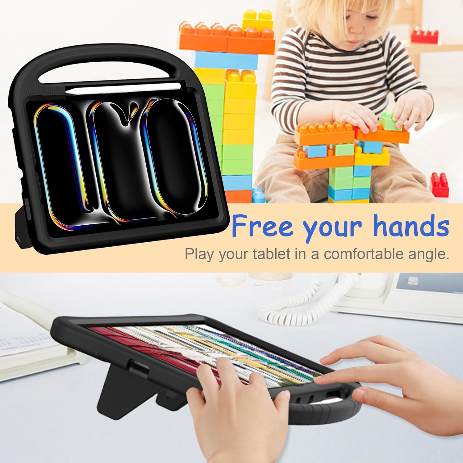 Kids Case for iPad Pro 11" M5 2025/M4 2024 & iPad Air 11" M3 2025/M2 2024, Techcircle Child Shock Proof EVA Protective [Support Pencil Charging] Handle Stand Cover, Black