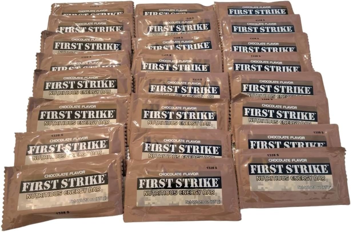 First Strike Energy Bar, Full Size [2.3oz] - Authentic Long-Life USGI MRE Ration Nutrition Bars. Many Flavors and Packs to choose from, Recent Production dates (24, Chocolate)