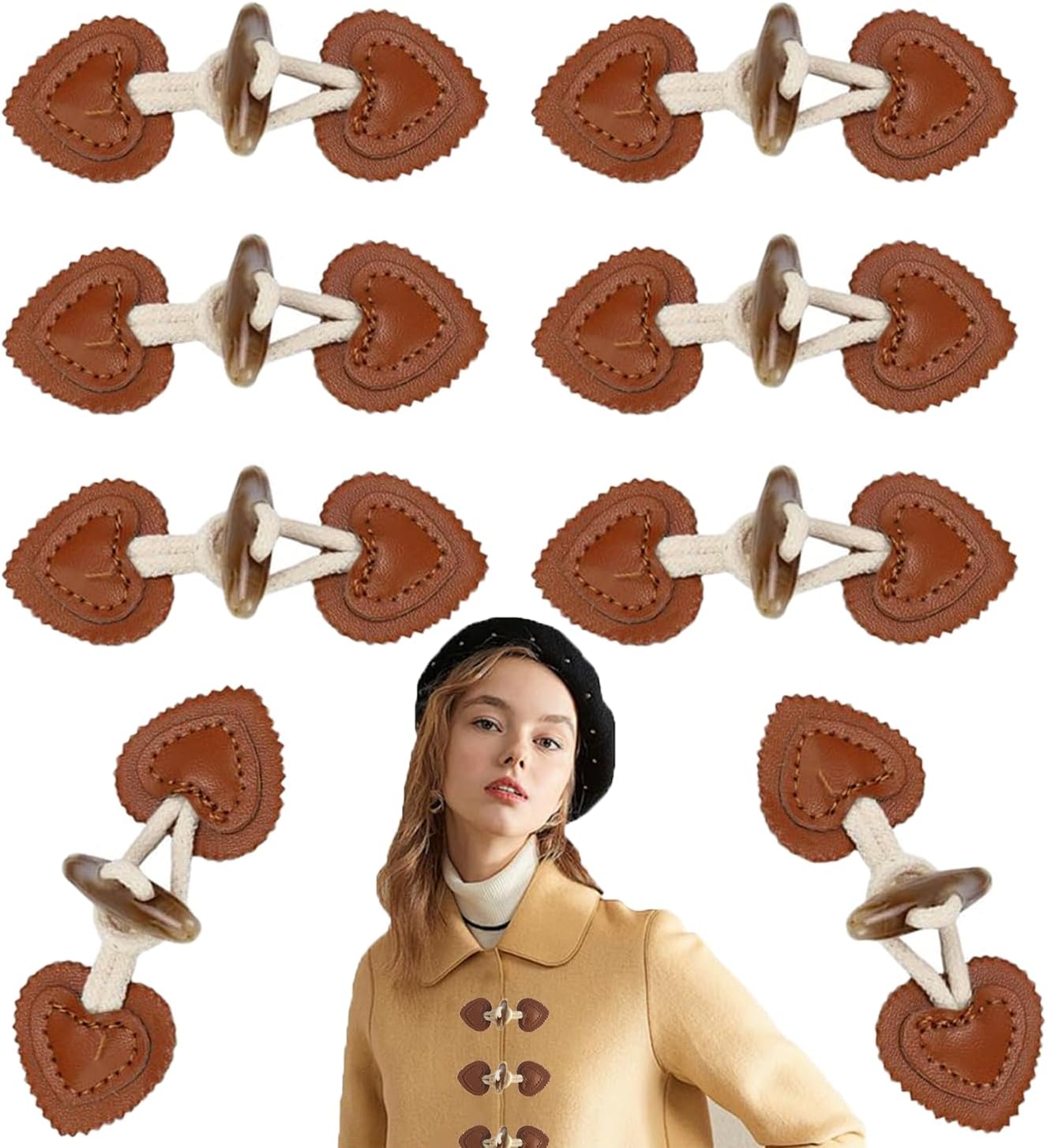 8 Sets PU Leather Resin Horn Toggle Closure Buttons Sew-On for Jacket Trench Coat Wool Outerwear Sewing DIY Accessories Toggle Buttons for Jackets Coat Brown & White