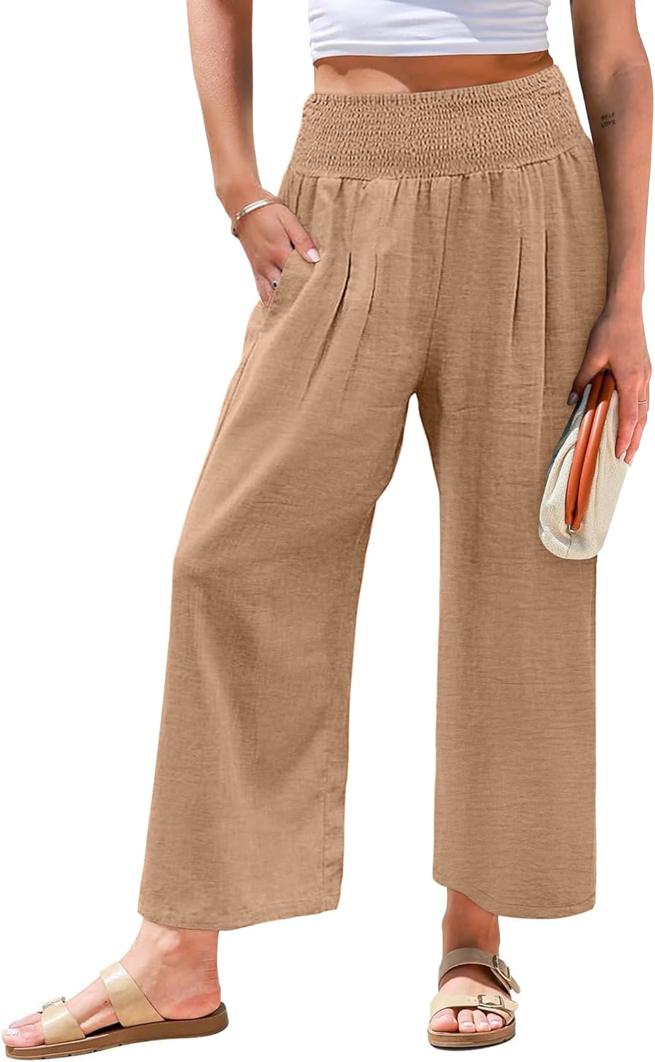 Angerella Women's Wide Leg Pants Casual High Waisted Palazzo Pants Summer Flowy Beach Lounge Trousers with Pockets