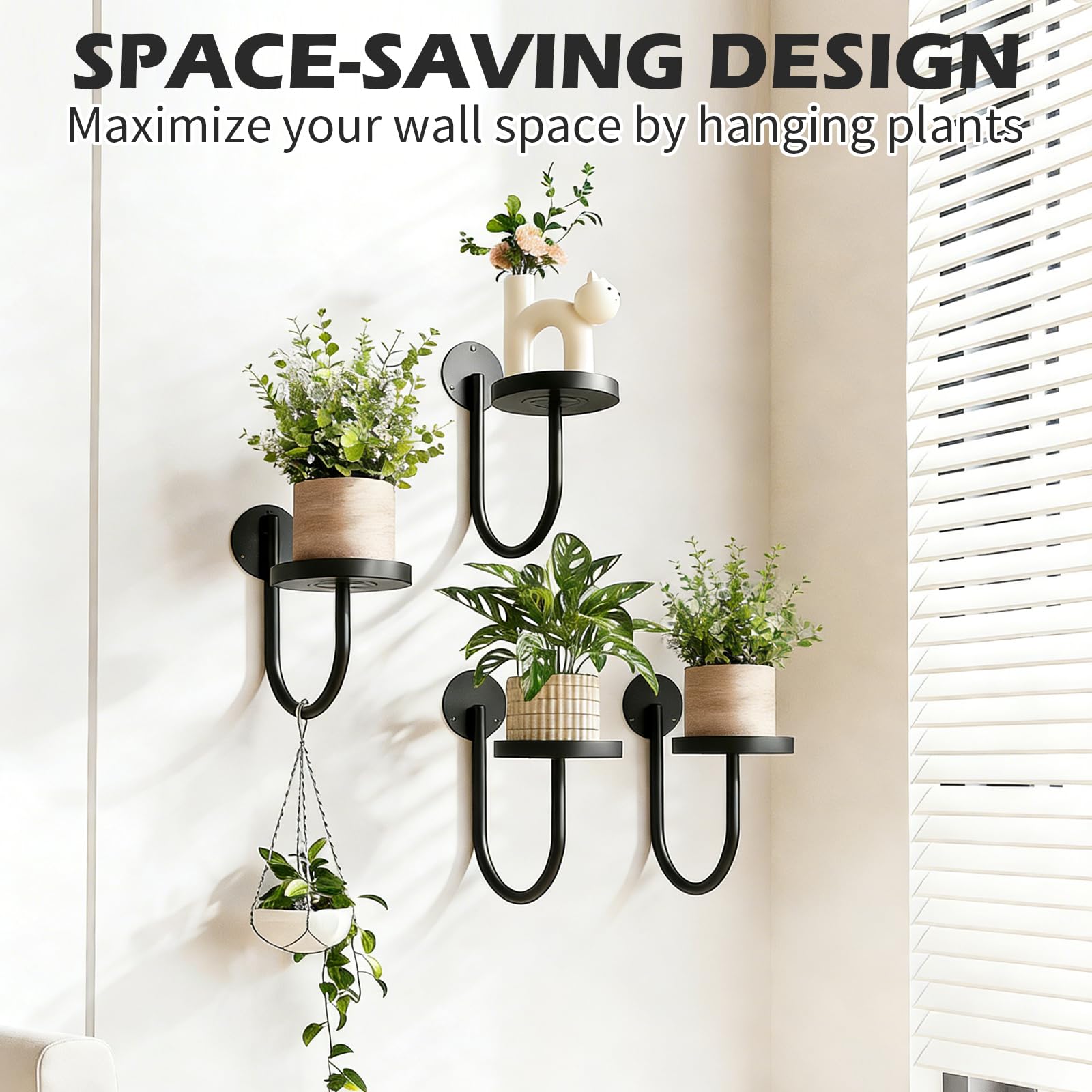 3 Sztuki Półek Ściennych na Rośliny, Nowoczesny Design w Kształcie Litery U, Kwietnik z Metalu w Kolorze Czarnym, Stojak Wiszący do Doniczek i Dekoracji, Idealny do Balkonu Lub Okna i Salonu