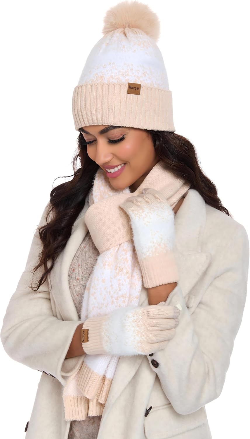 Womens Winter Beanie Hat Touchscreen Gloves Long Scarf 3 Set with Warm Fleece Lined Knit Skull Caps Scarves for Women - Image 4