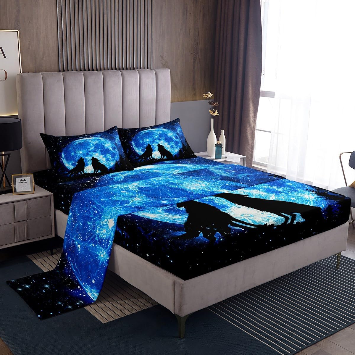 Castle Fairy Wolf Sheets Set Twin Size Moon with Wolf Silhouettes Pattern Deep Pocket, Galaxy Starry Sky Animal Theme Print 3PCS Bedding, 1 Fitted Sheet 1 Flat Sheet 1 Pillowcase, Blue Black