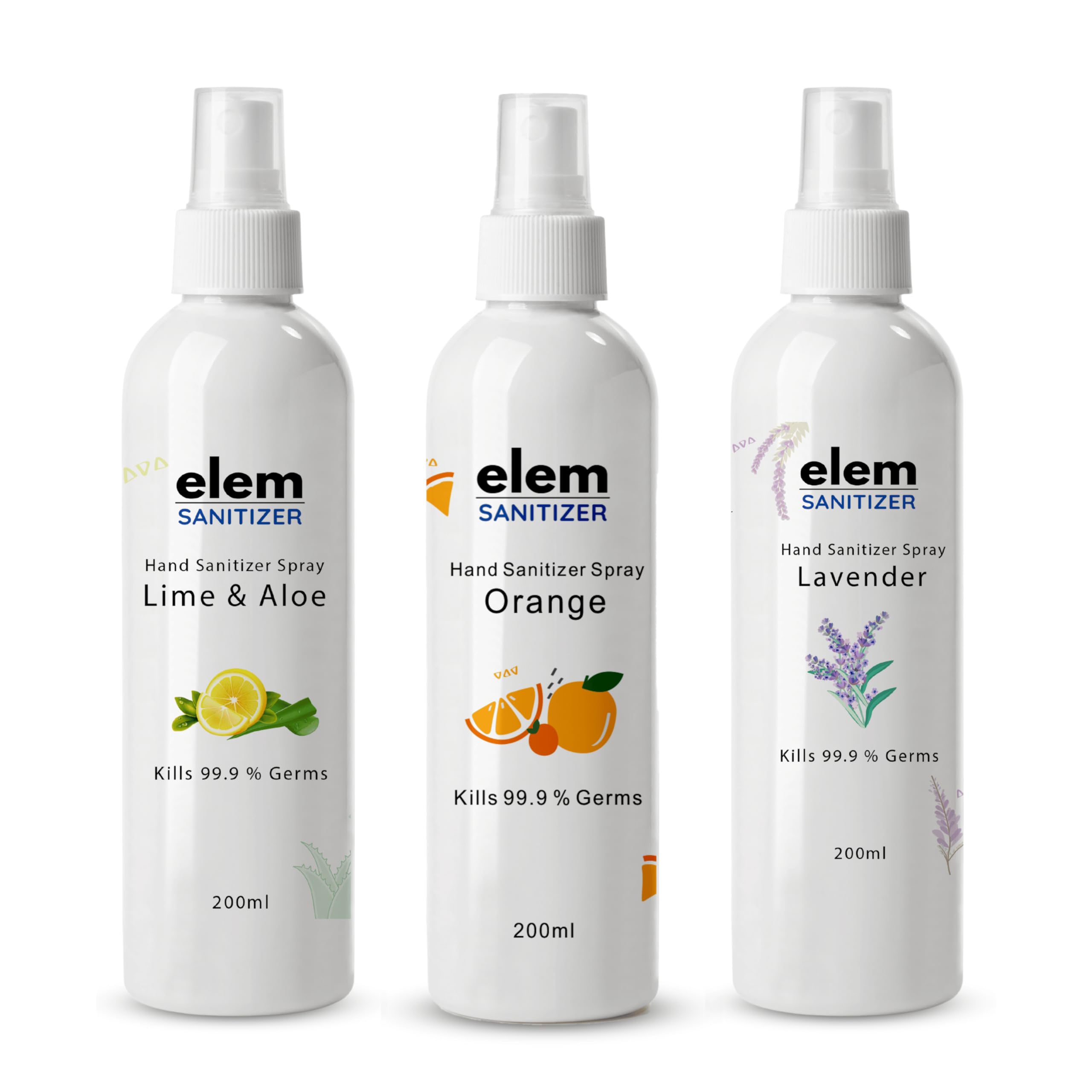 Elem Hand Sanitizer Spray Pack of 3-200ml | Lavender, Lime & Aloe, Orange Fragrance | Sanitizer Spray Combo Pack | Alcohol Based Hand Sanitizer | Refillable Sanitizer for Travel | Eco-friendly &Safe (B0D6BW1TDQ) Amazon Price History, Amazon Price Tracker