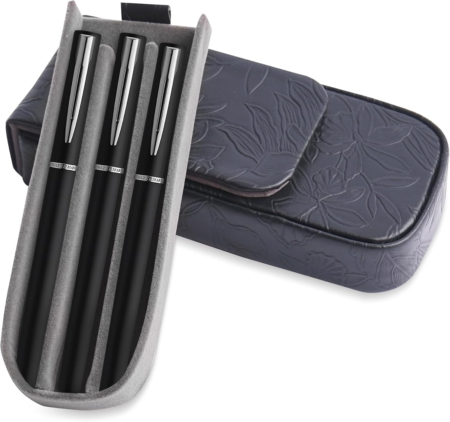 Leather Triple Pen Case Pencil Pouch Holder for Three Fountain Ballpoint Rollerball Pens and Pencils Gift Choice for Man/Woman/Office(1-Carved Black)