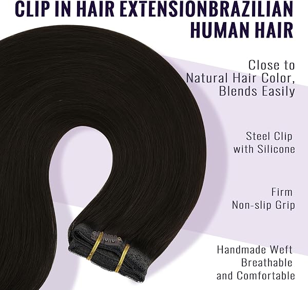 Fshine Clip in Extensions Echthaar Dunkelbraun, 35 cm, 120 g 7 Stücke, Kopfhautschonend, Remy Echthaar Clip in Extensions, Farbe 2 - 3