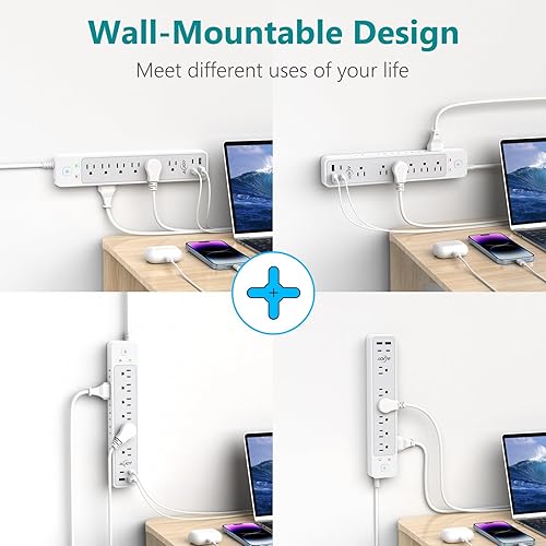 Miniatura 6 de Paquete de 2 regletas de protección contra sobretensiones con 4 puertos USB (2 USB-C), 12 salidas de CA, protección contra sobretensiones de 1500J,