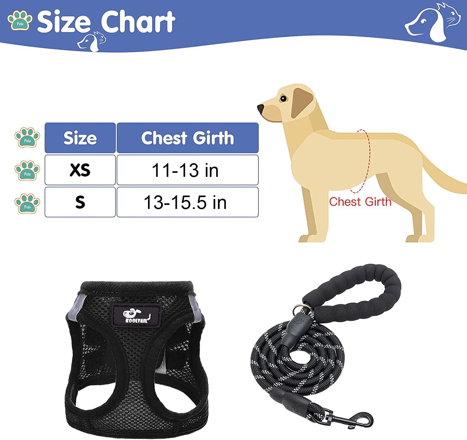 Breathable Air Mesh Dog Harness with Reflective Leash, Adjustable No Pull Step in Vest Harness for Small Dogs Puppies Cats, Black, Extra Small