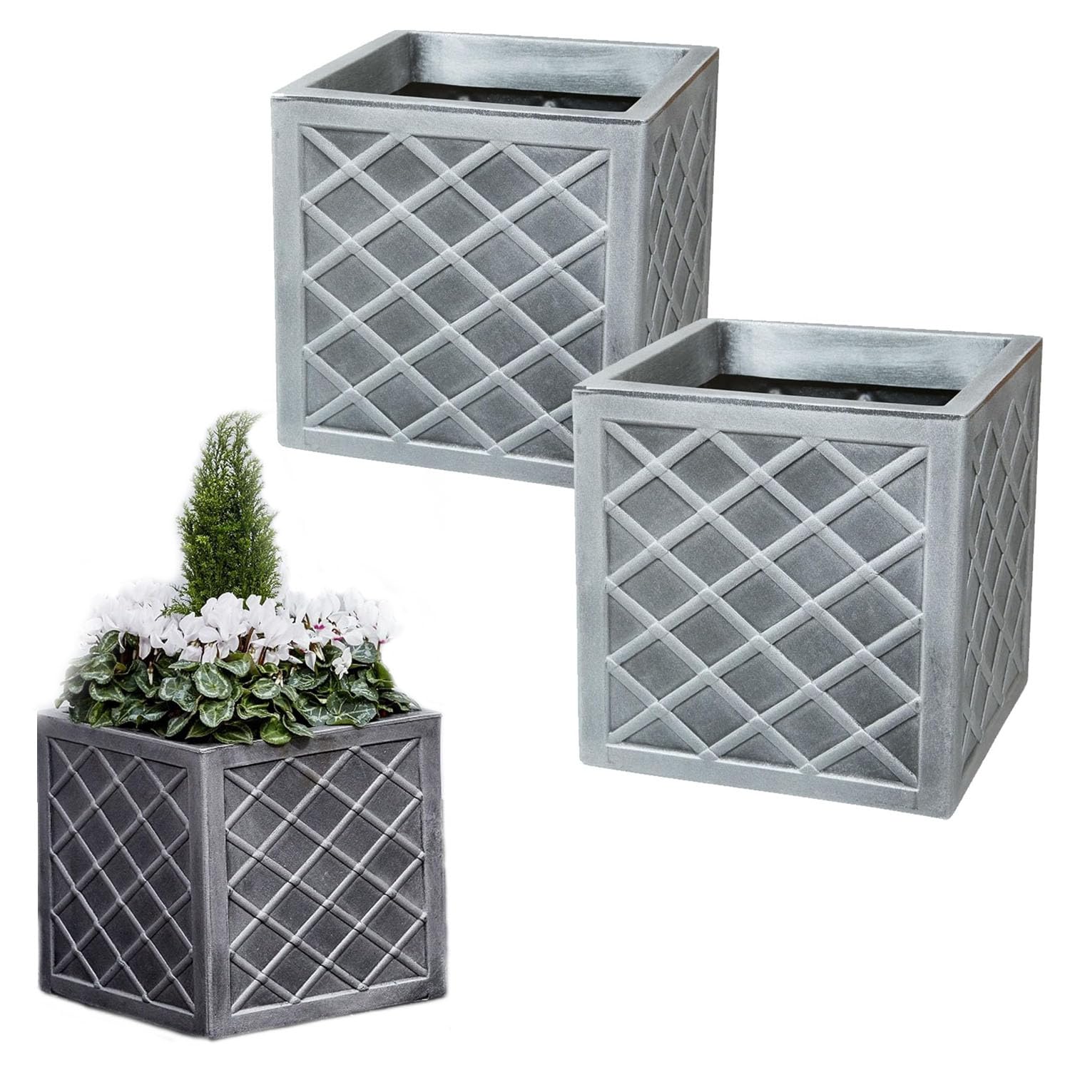 STAR SUPPLIES 32cm Small Pewter Grey Square Lazio Flower Plant Pot Ideal For Indoor & Outdoor Use (2)