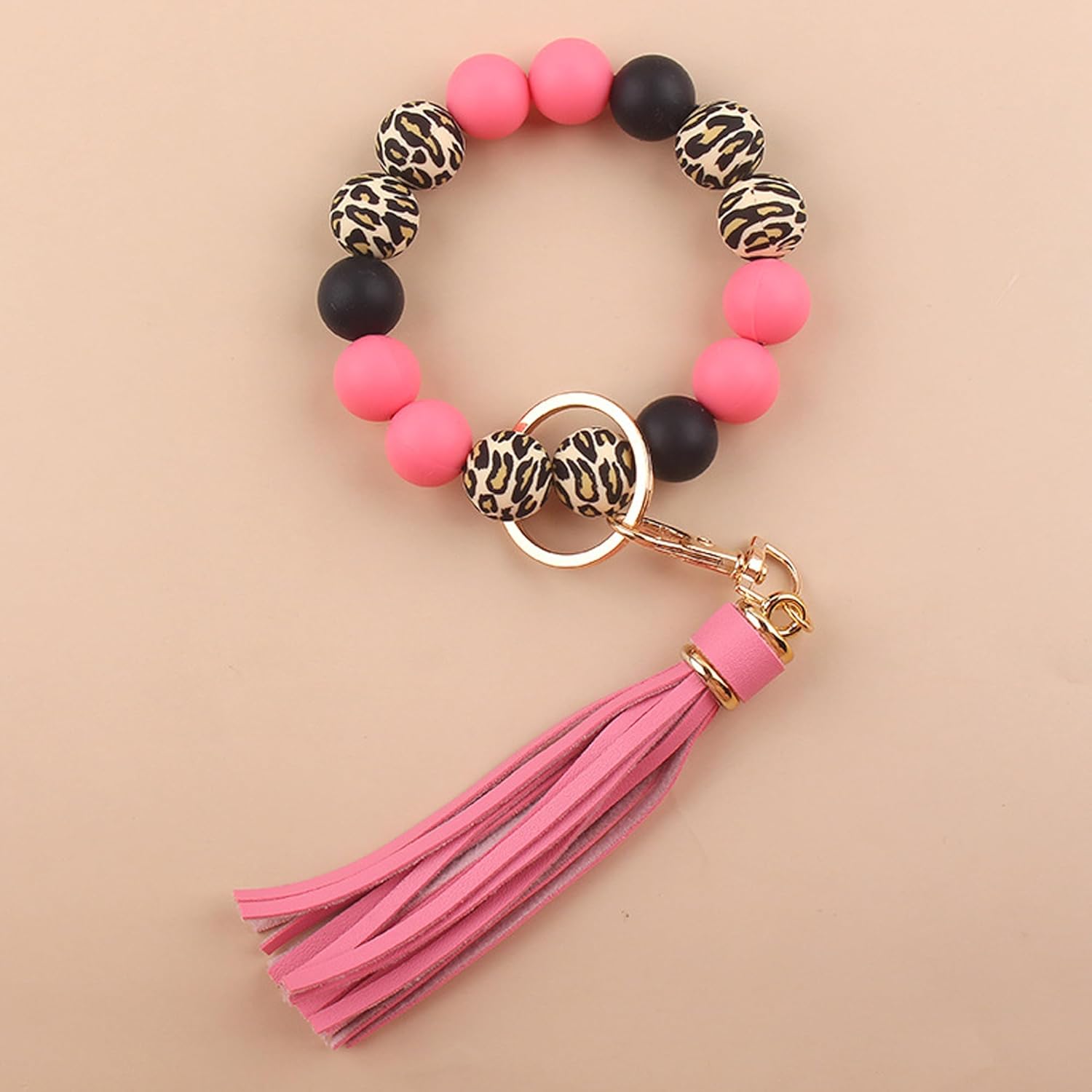 Leopard Silicone Beaded Wristlet Keychain, PU Tassel Bracelet Bangle Beads Car Keyring for Women,Wrist Key Chains - Image 9