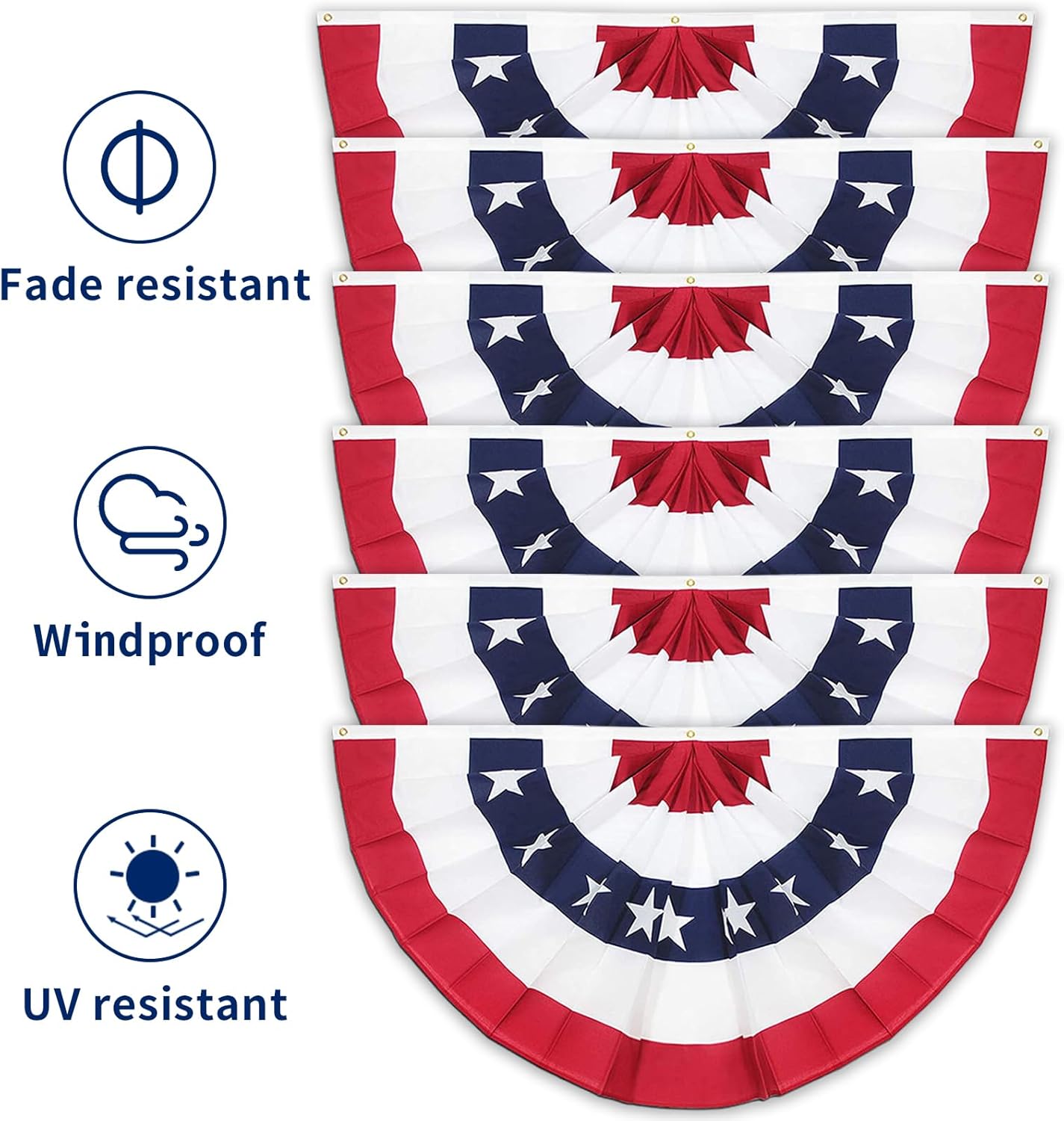 GOAUS 3x6 Ft American Bunting Flags with Grommets&Zip Ties, 4th July 250 Anniversary Decorations Outdoor USA Patriotic Pleated Fan Banners, Red White and Blue Decor for Memorial (Set of 6)