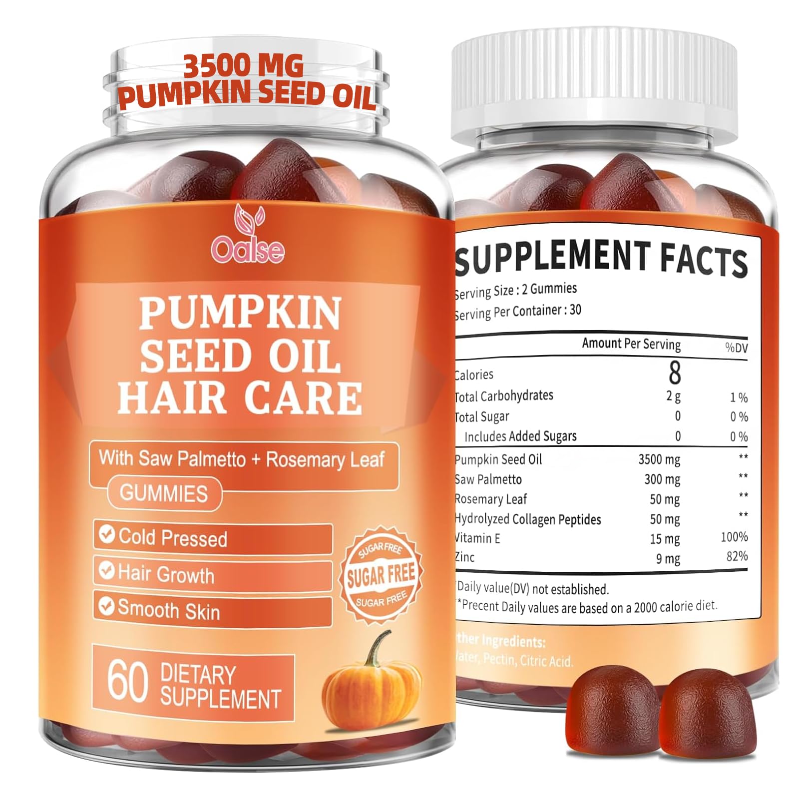 Pumpkin Seed Oil with Saw Palmetto Gummies, 3800mg Per Serving, 60 Counts | Pumpkin Seed Oil for Hair Growth and Skin, Cold Pressed, with Rosemary Leaf, Zinc