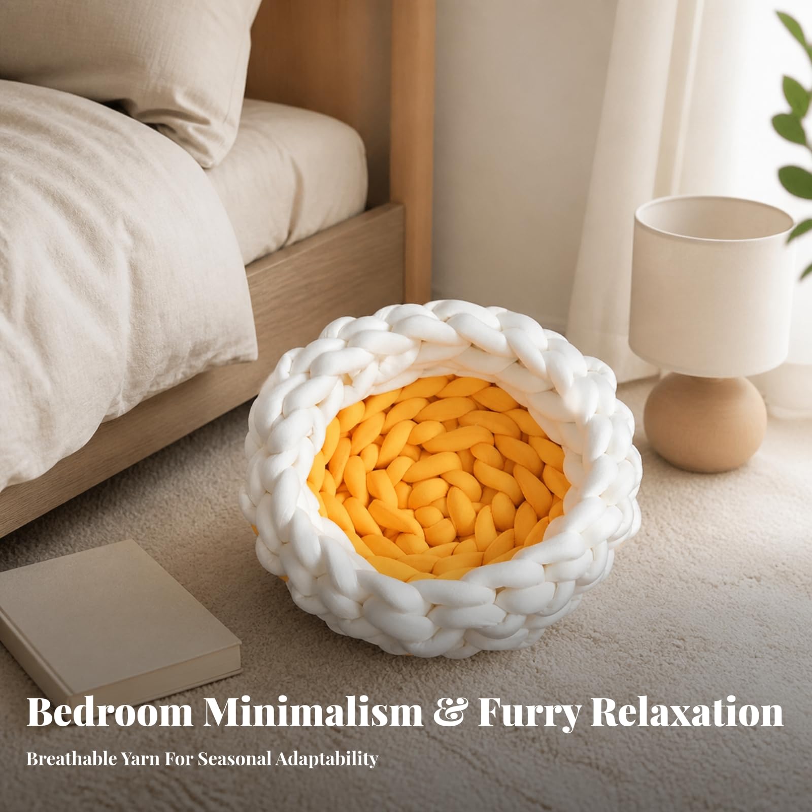 Handgeflochtenes Katzenkissenbett für Kleintiere mit Halboffener Nestform Und Weicher Auflage für Sicheres Schlafen Und für Wohnzimmer Und Haustierfreundliche Räume, Weißgrau, 40CM