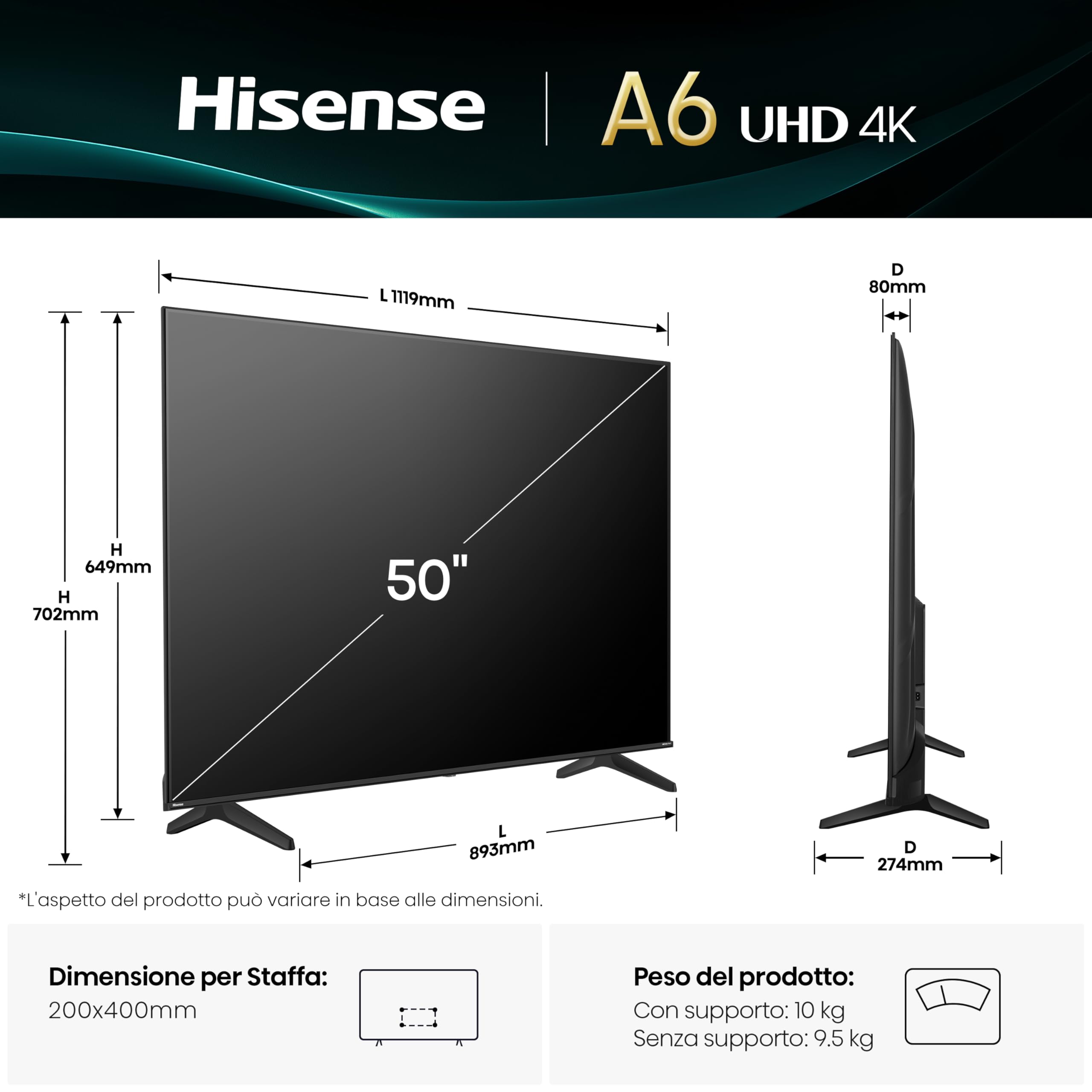 Hisense Smart TV 50" 4K Ultra HD 2025 50A6Q, Smart TV VIDAA U8, Dolby Vision, HDR 10, Game Mode Plus, Alexa Built-in, VIDAA Voice, Tuner DVB-T2/S2 HEVC 10, lativù 4K, 50'', 2025 LED