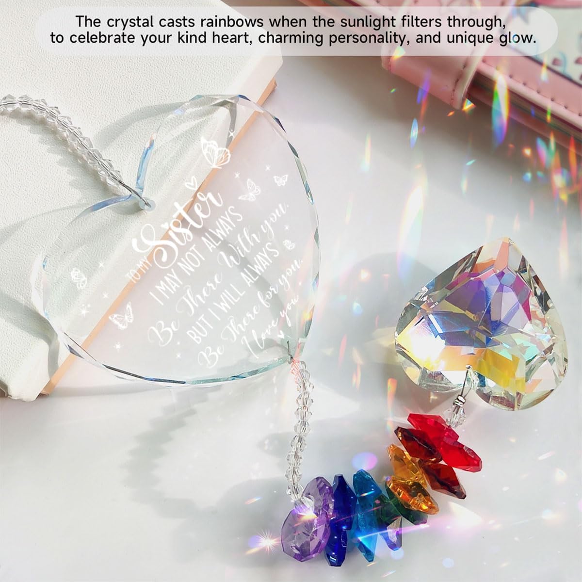 Sister Gifts, Crystal Suncatcher Sister Birthday, Unique Heart Crystal, Window Hangings Home Decor, Garden Decoration (Sister Gift)