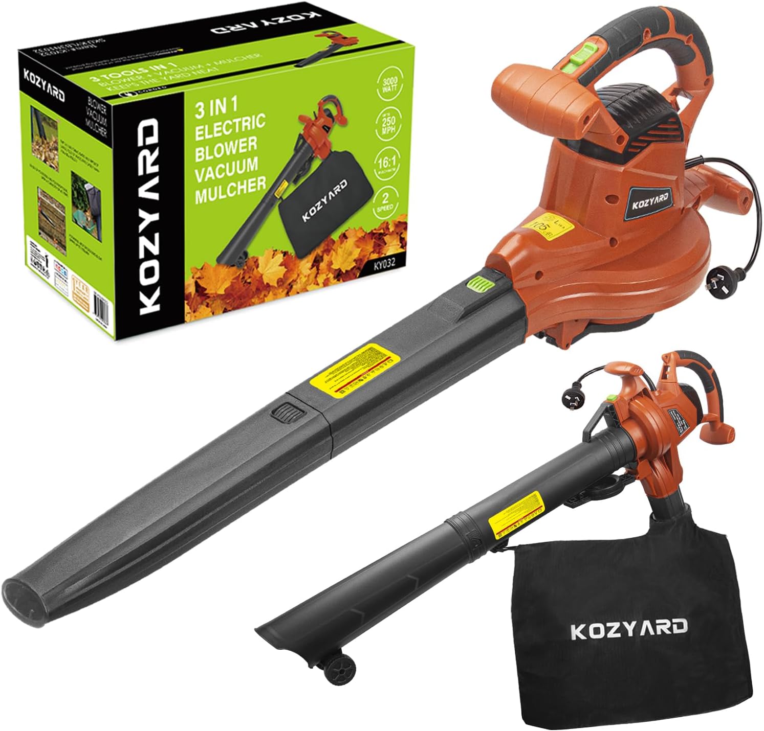 KOZYARD 3-in-1 Electric Leaf Blower Vacuum Mulcher for Lawn Care 3000W Hand-Held Leaf Vac Sweeper Blower Outdoor Garden Gauge Variable Speed, 45L Bag, Portable Multipurpose Leaf Blower