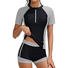 Girls Rash Guard Swimsuit 2 Piece Half-Zip Short Sleeve Color Block Bathing Suit with Swim Shorts Girls Swimwear 7-16Y