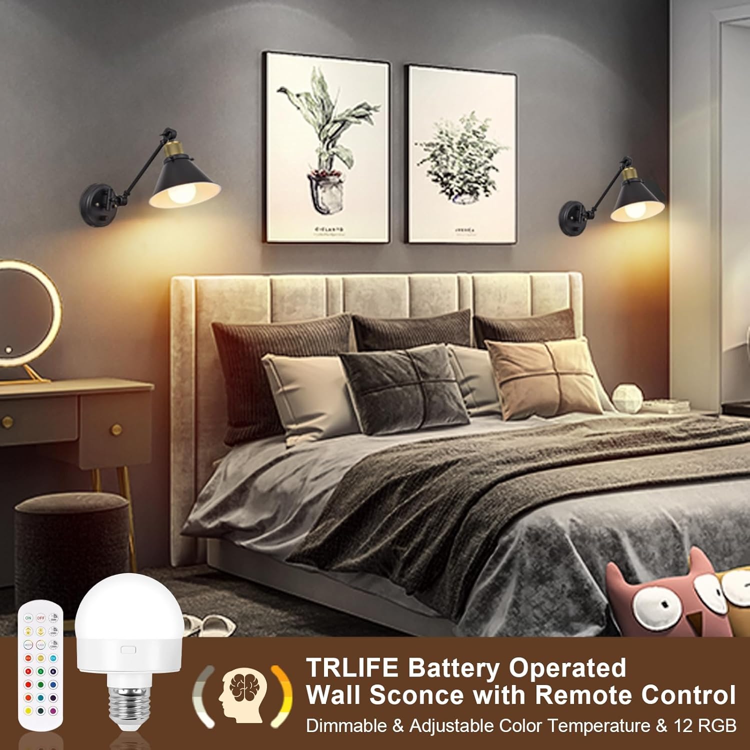 TRLIFE Rechargeable Battery Operated Wall Sconce, Dimmable and Adjustable Color Temperature Wireless Wall Sconces Set of 2 with Remote Control, Swing Arm Wall Mounted Light for Bedroom Bedside Hallway