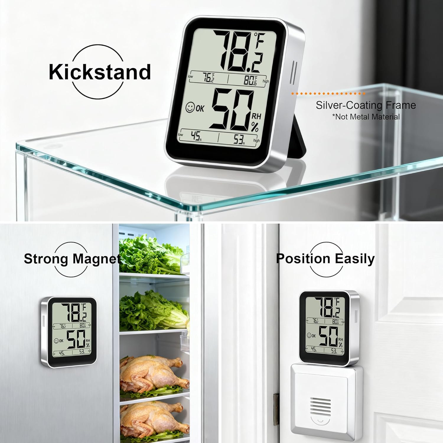 Antonki Indoor Digital Thermometer Hygrometer demonstrating its kickstand for tabletop use and magnetic back for attachment to metal surfaces like a refrigerator or door frame.