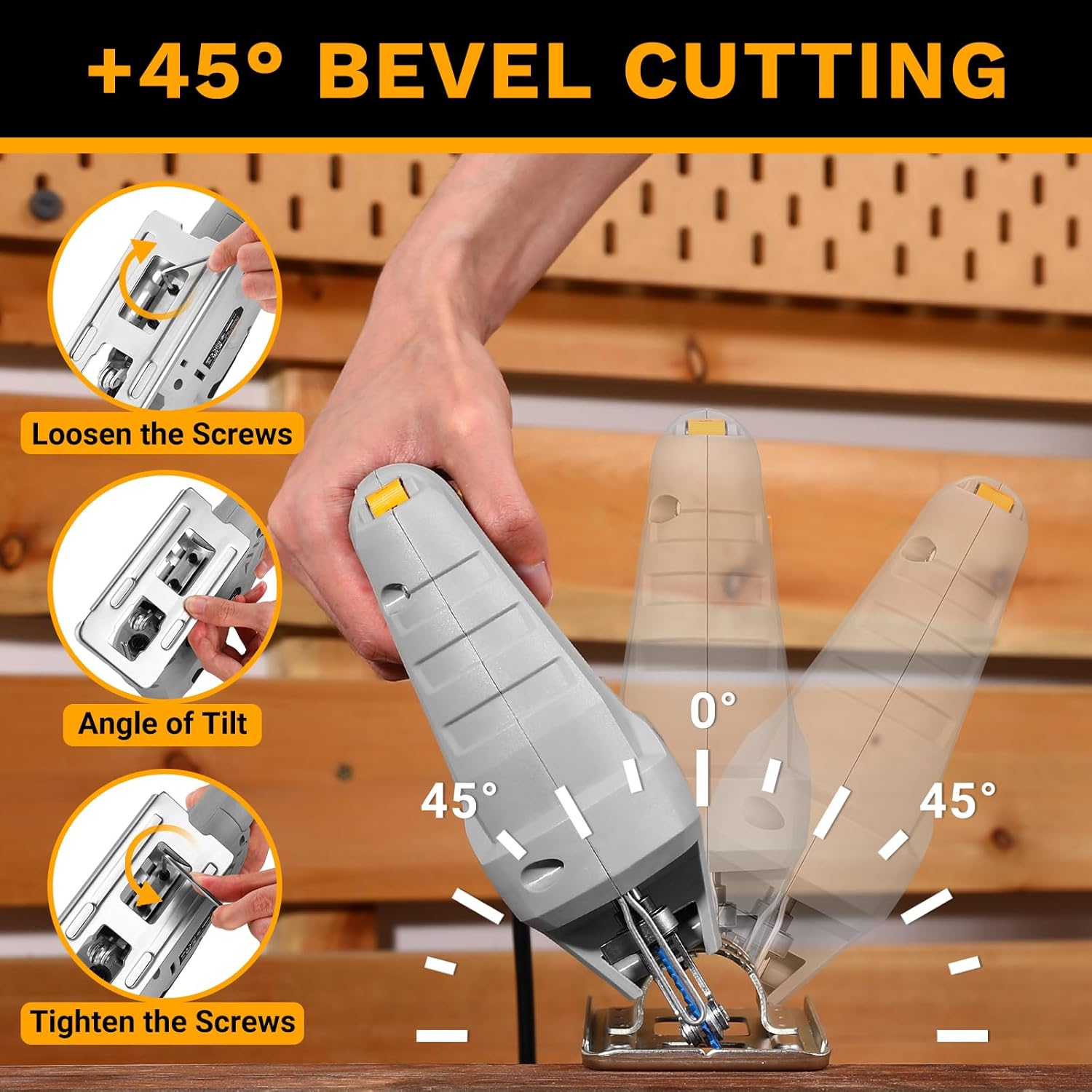 Diagram illustrating the steps to adjust the base plate for +45° bevel cutting