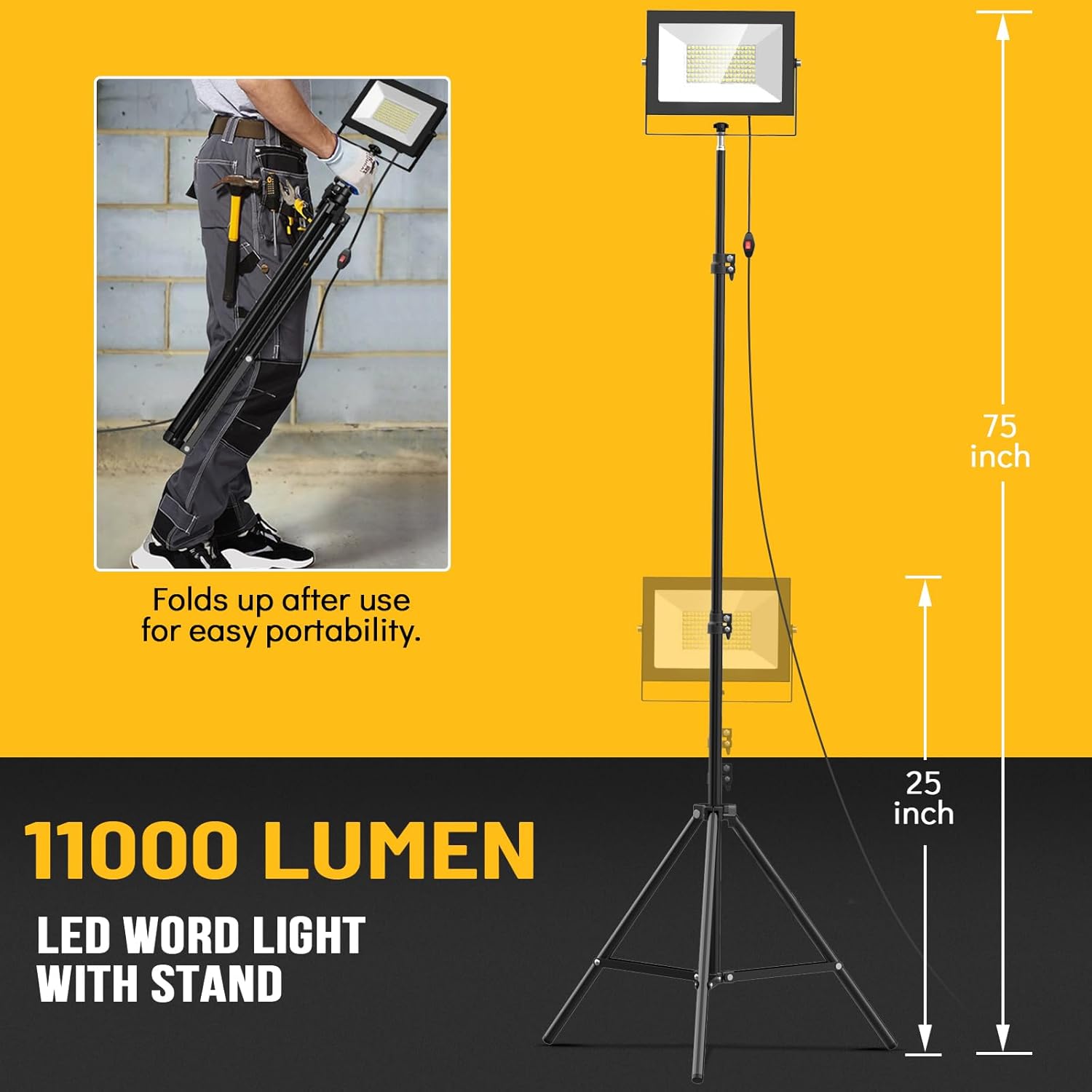livowalny 2pcs led work lights with stand, 110w 11000 lumens portable tripod light with 13ft cord, ip65 waterproof adjustable head tower flood light for job site workshop garage construction lighting 110w 11000 lm-2 pack