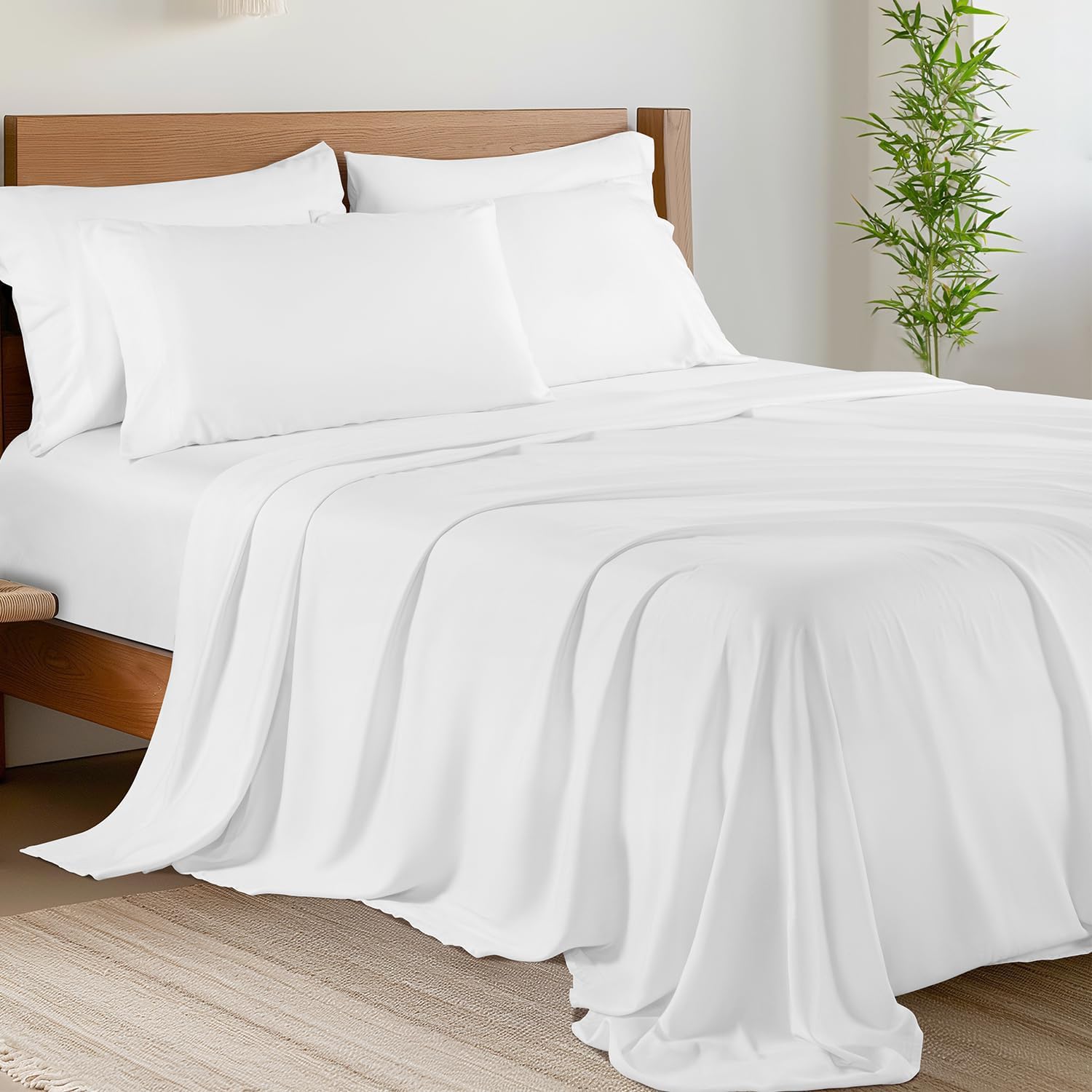 Shilucheng 6 Piece Full Sheet Sets, Cooling Sheets, Blend Rayon Derived from Bamboo, Deep Pocket Up to 16", Breathable & Soft Bed Sheets, Hotel Silky Bedding Set, White