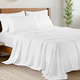 Shilucheng Conjunto de lençóis de cama King Size Bamboo 6 peças, 1800 fios, fresco, ecológico, macio e confortável, não amassa e hipoalergênico (King, branco)