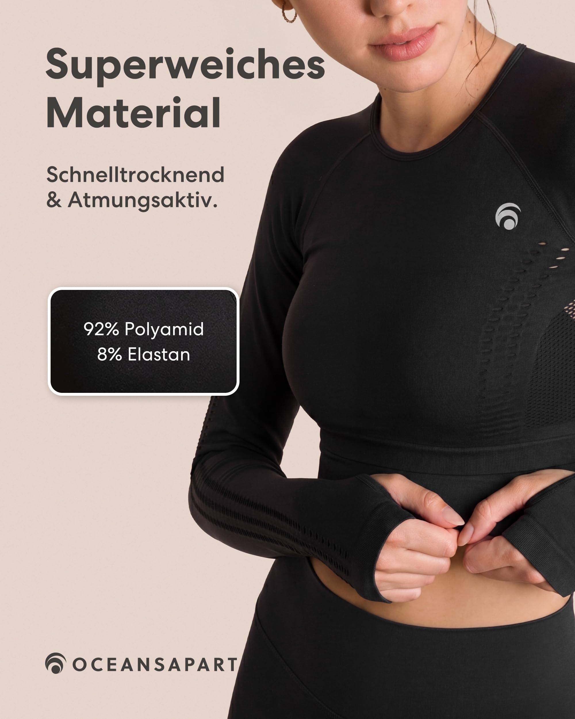 OCEANSAPART Beauty Longsleeve - Damen Langarm Crop Top Sport | Daumenlöcher & Mesh-Details – Nahtlos & Schnelltrocknend – Activewear für Yoga, Pilates & Gym