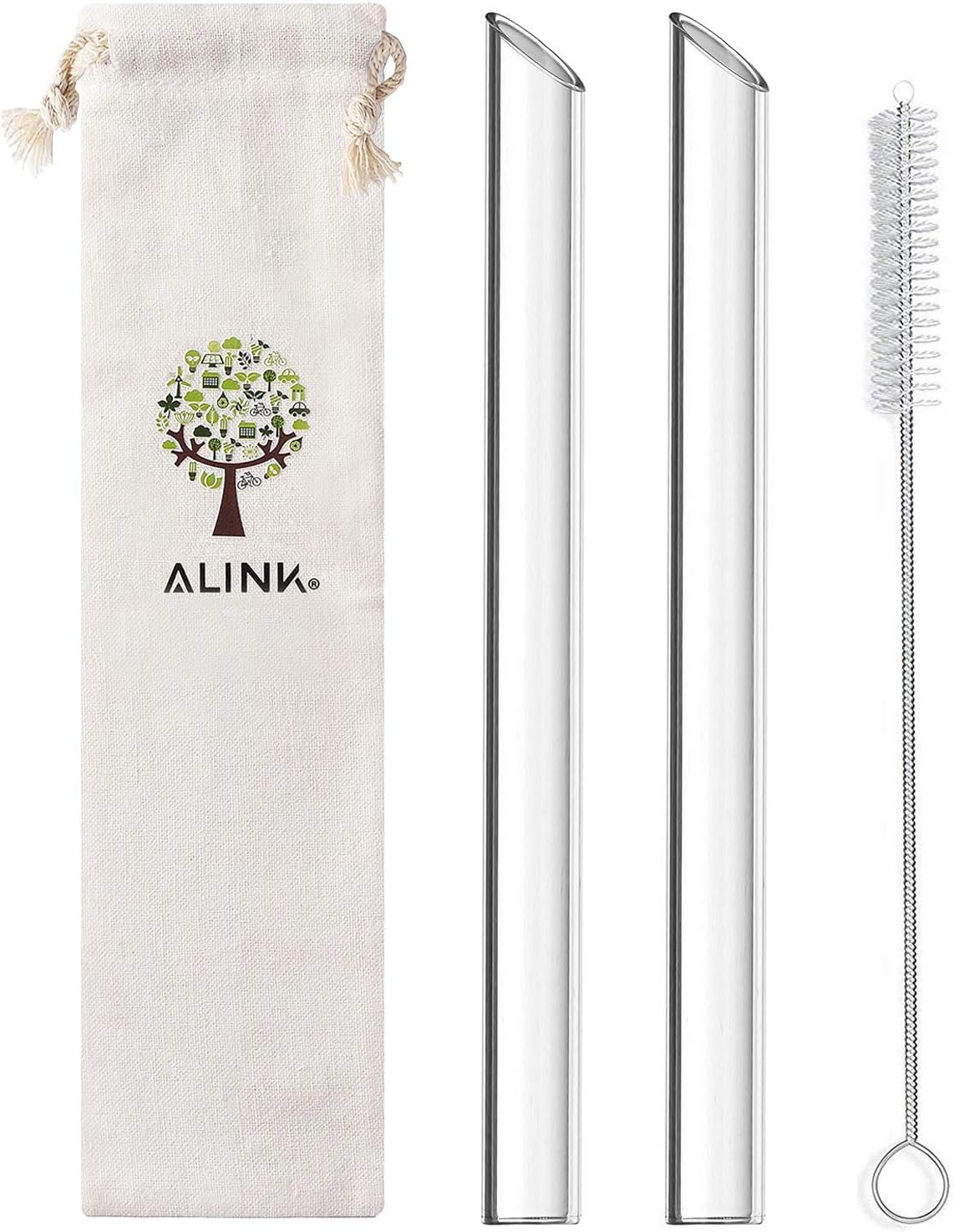 ALINK Reusable Glass Boba Straws, 14mm Extra Wide Clear Straws for Smoothies, Bubble Tea, Pack of 2 with Carrying Case and Cleaning Brush
