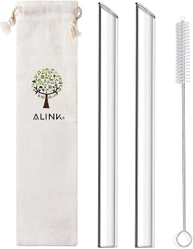 ALINK Reusable Glass Boba Straws, 14mm Extra Wide Clear Straws for Smoothies, Bubble Tea, Pack of 2 with Carrying Case and Cleaning Brush