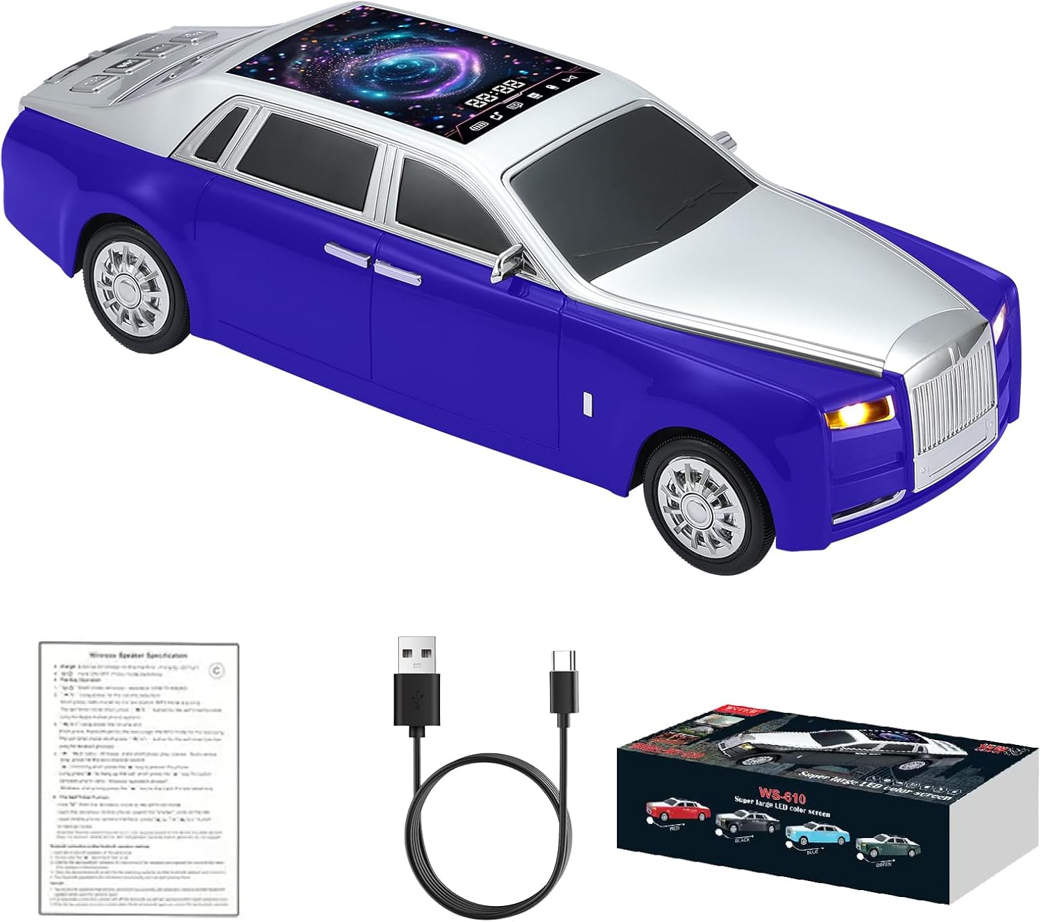 WS-610 Luxury Sedan Replica Bluetooth Speaker – LED Starry Sky Screen Display, HD Sound, TWS Stereo,FM Radio, USB/TF Playback, Built-in Microphone, Portable Wireless Gift for Car Enthusiasts (Blue)