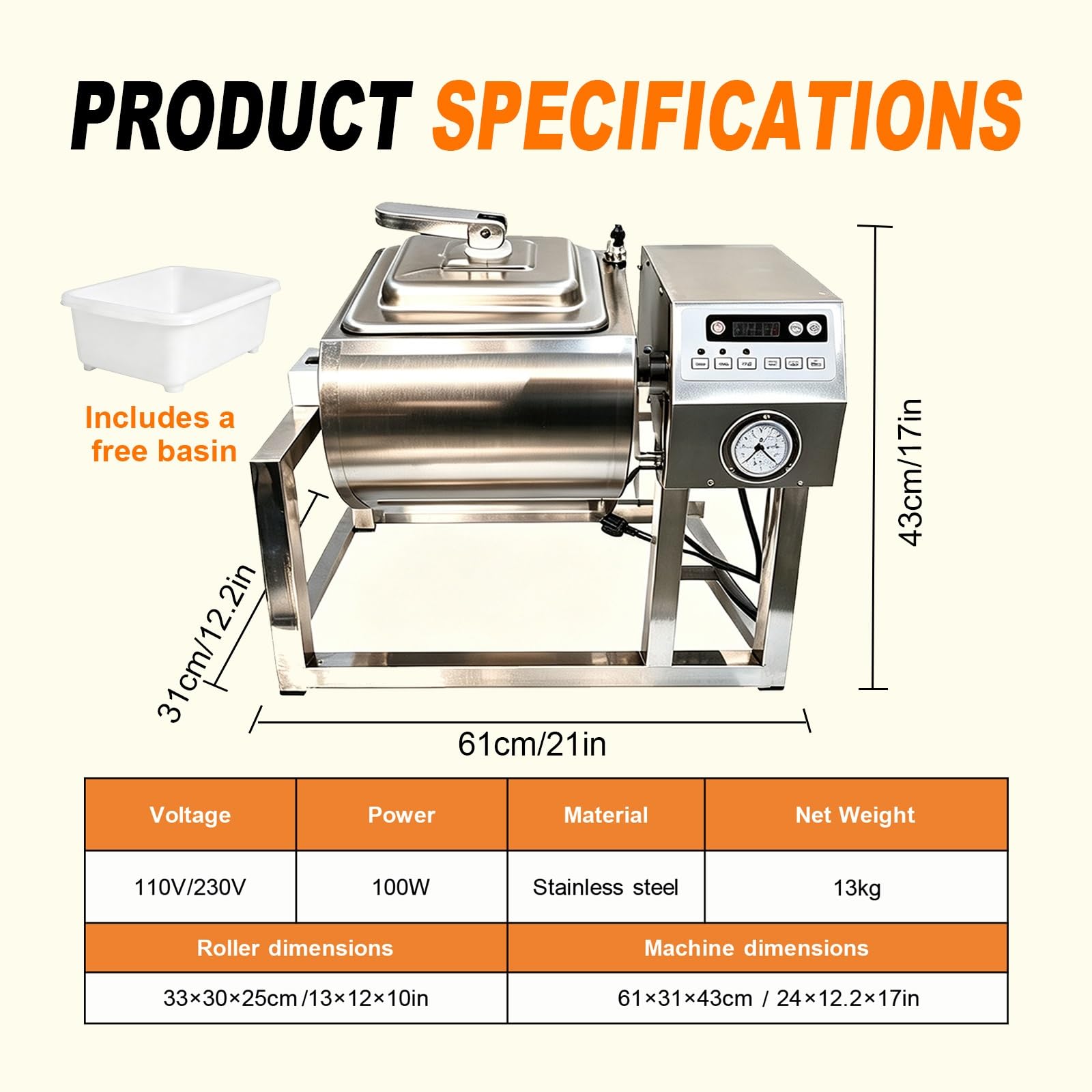 Fleisch Mariniermaschine 20L Edelstahl Schnell | Fleisch Mariniermaschine 20L in Edelstahl beschleunigt die Aufnahme von Marinaden für Geflügel und frisches Gemüse.