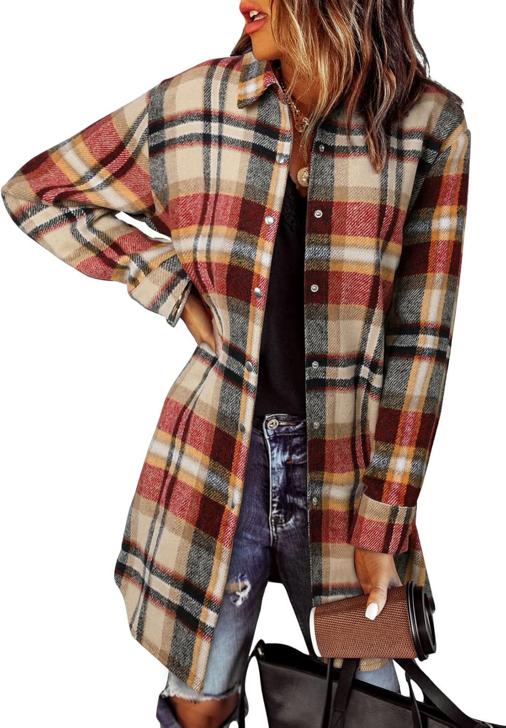 EVALESS Color Block Plaid Shacket Jacket Womens Fall Clothes Fashion Outfits