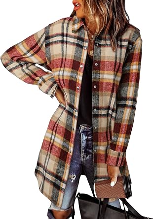 EVALESS Womens Flannel Shacket Jacket Plaid Button Down Shirts