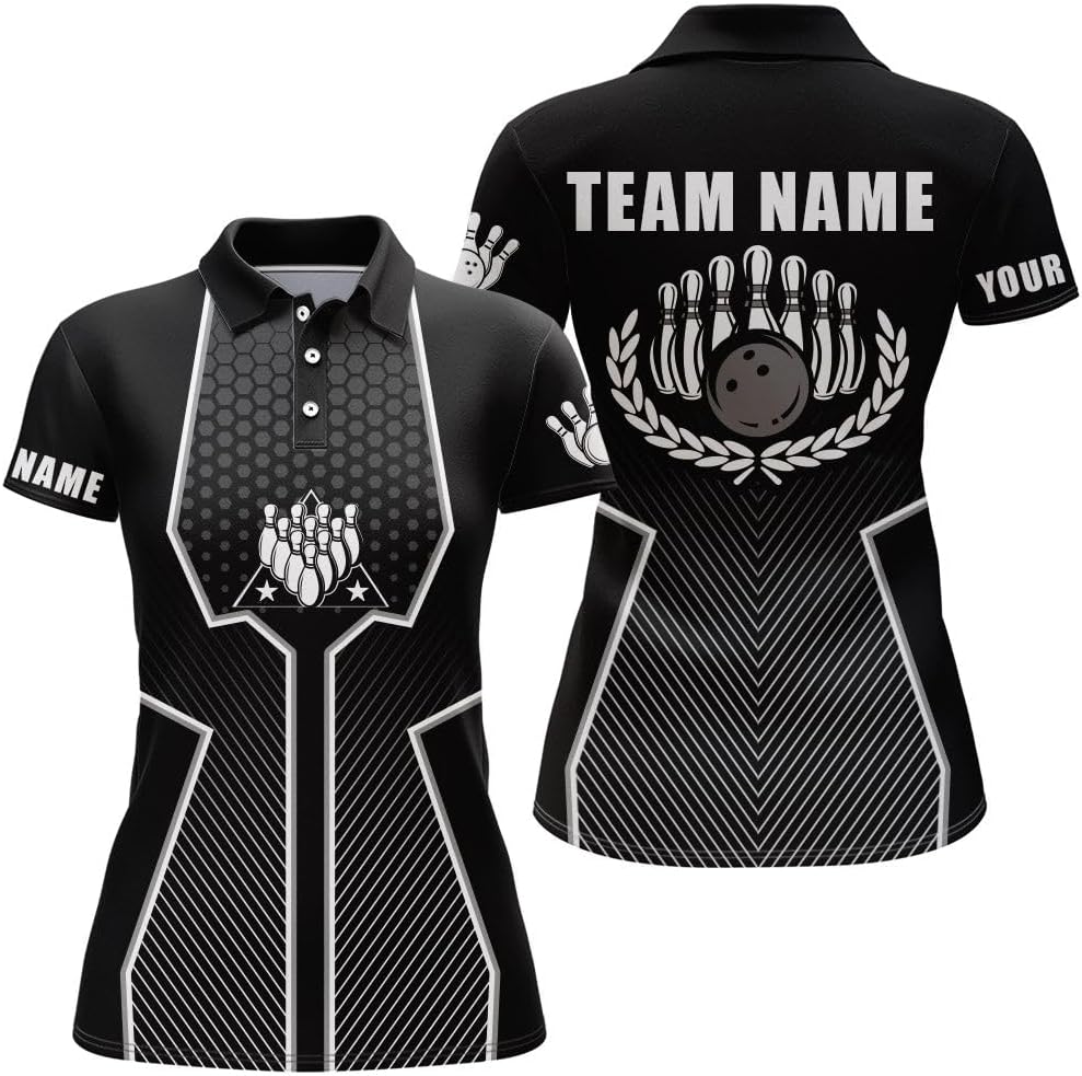 Custom Womens Bowling Shirts, Bowling Shirts for Women, Bowling Shirts, Black Green Women's Polo Bowling