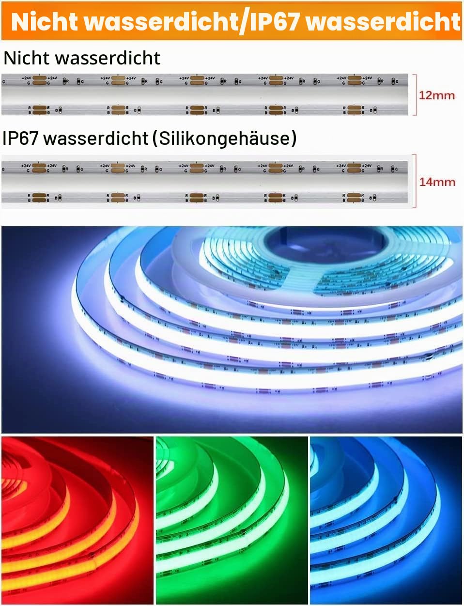 RGB RGBW RGBWW COB LED Strip 12V 24V COB LED Light High Density Flexible IP67 Waterproof (Waterproof, DC24V RGBWW)