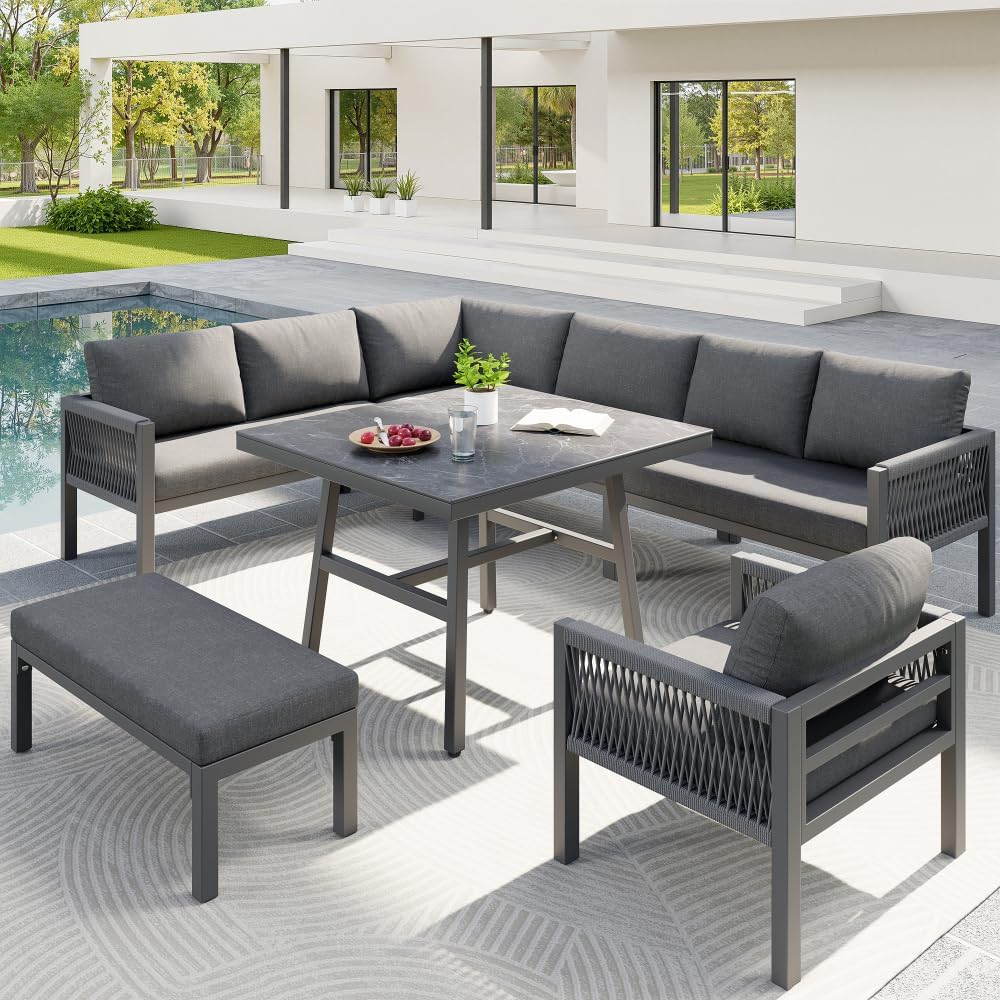 Conjunto de sofás de Exterior en Forma de L para 6-8 Personas, sofá Combinado de jardín Tejido a Mano, Conjunto de terraza con 1 Mesa (Madera y Vidrio) y 1 sillón, Muebles de jardín(Gris)