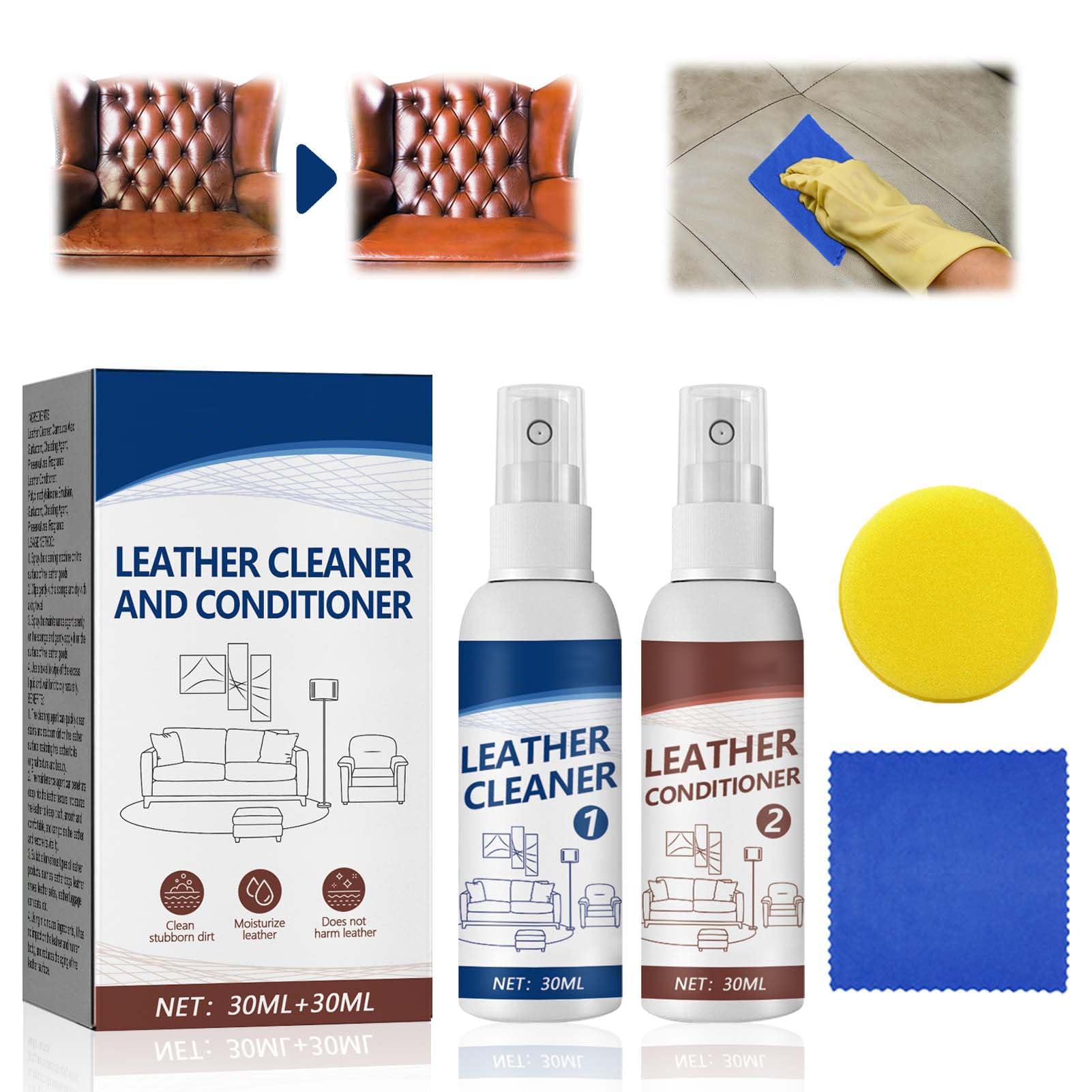 Azonee Leather Care Kit, 30ml Cleaner & 30ml Conditioner with Sponge & Towel for Sneakers, Shoes, Boots, Bags & Car Interiors, Ideal for PU Leather Maintenance