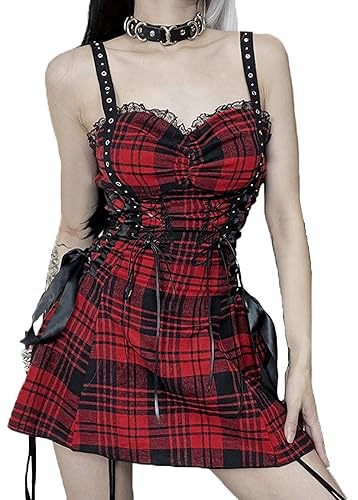 DINGJIUYAN Halloween Dress Red Plaid One Shoulder Dress Irregular Strapless Gothic Plaid Red Prom Slip Dress Eyelet Lace Dress - L - C