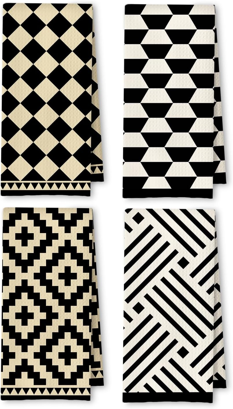 Beige Black and White Abstract Kitchen Towels, Neutral Dish Tea Towels for Kitchen Decor, Black and Cream Retro Mid Century Modern Decorative Hand Towel for Bathroom, 16x24 Inches Set of 4